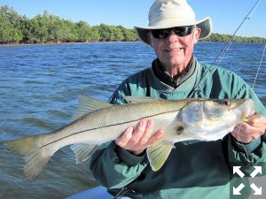 Keith McClintock, from Lake Forest, IL, with a 28 inch snook caught and released on a CAL jig with a shad tail while fishing Gasparilla Sound near Boca Grande with Capt. Rick Grassett.