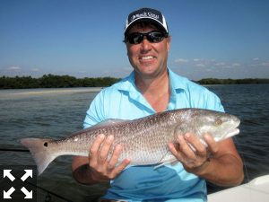 February is usually a good month for reds and trout in skinny water. Stephen Liska, from Naples, FL, with a red.