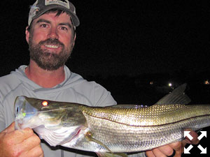 Adam Lawson, from MT, with a snook caught and released on a Grassett Snook Minnow fly while fishing the ICW at night recently with Capt. Rick Grassett.